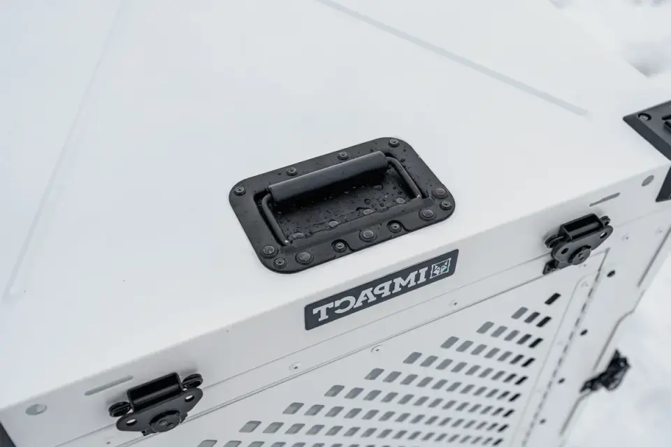 A hard-sided dog crate secured with tie-down straps in a car&#x27;s cargo area