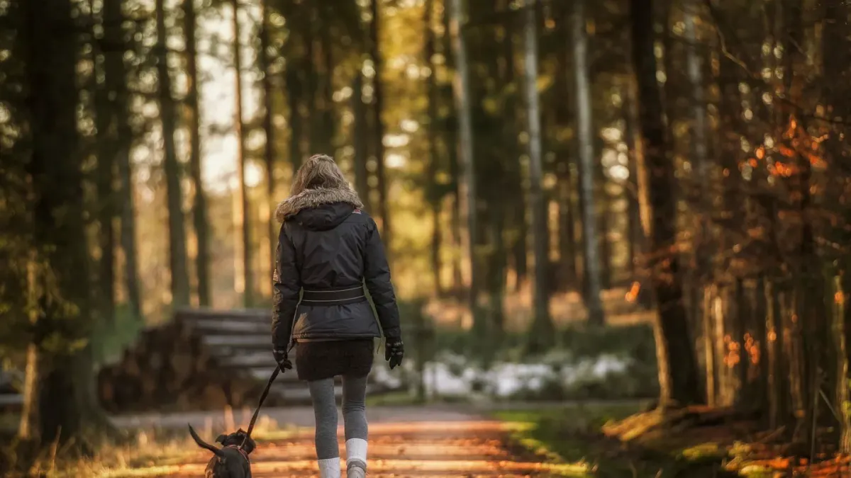 Senior dog walking with an owner